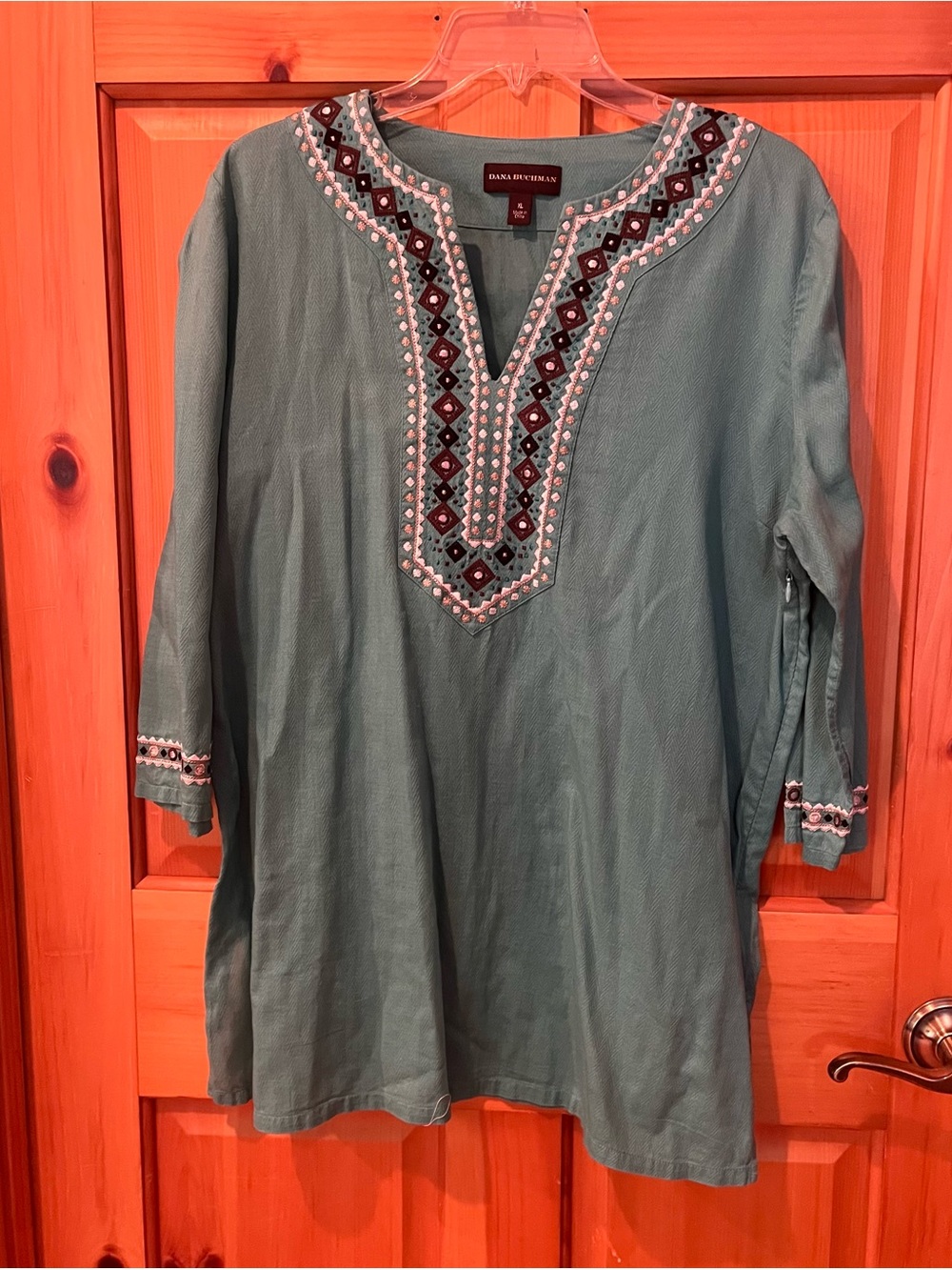 Dana Buchman Teal Tunic with Embroidered Neckline BOHO